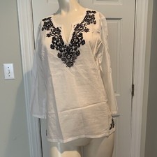 Nine West Womens Sz M White Black Tunic 3/4 Sleeve Cotton Top Blouse Shirt