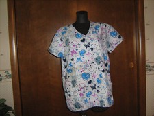 Serene Uniforms Blue Print SCRUB TOP M V-neck short sl pockets Butteflies Heart