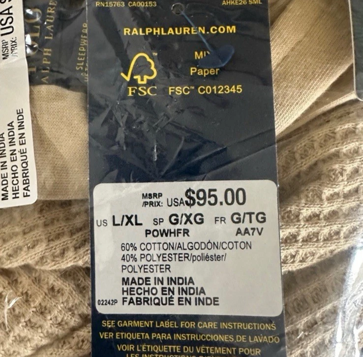 Polo Ralph Lauren Para Hombre Bata Térmica Con Capucha Tejido Gofre Cinturones Bolsillos L XL Tostado Foto 3 de 4