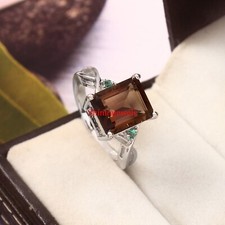 Natural Smoky Quartz Gemstone With 18k White Gold Silver Women's Ring 1198