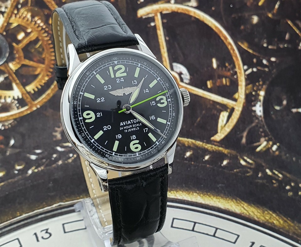 Montre Mécanique Raketa AVIATOR 2609.HA - Remontage Manuel, Cadran Bleu, Bracelet Cuir - Neuve De Stockage (occasion)