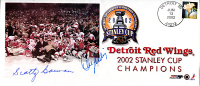Scotty Bowman and Dave Lewis Autographed Detroit Red Wings 2002 Stanley Cup Cham