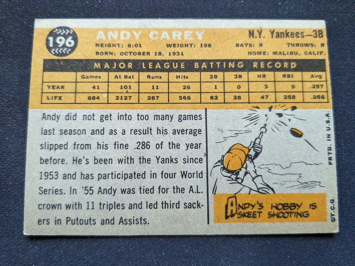 1960 Topps Baseball Card # 196 Andy Carey - New York Yankees (VG