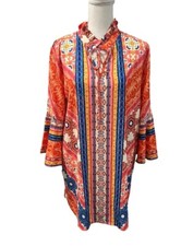 Umgee Orange Multicolor Bohemian Peasant Bell Sleeves Dress/Tunic Keyhole Small