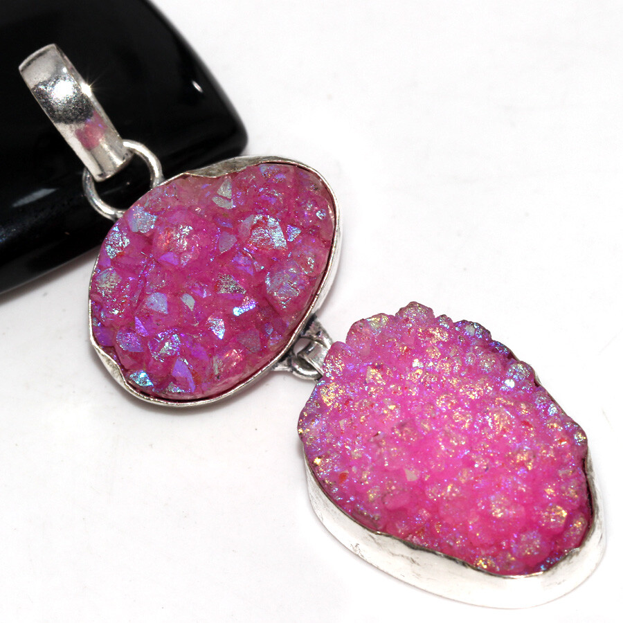 Pink Titanium Druzy 925 Silver Plated Long Pendant 2.5