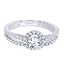 Round Cut Cubic Zirconia Halo Engagement Bridal Ring Set 925 Sterling Silver