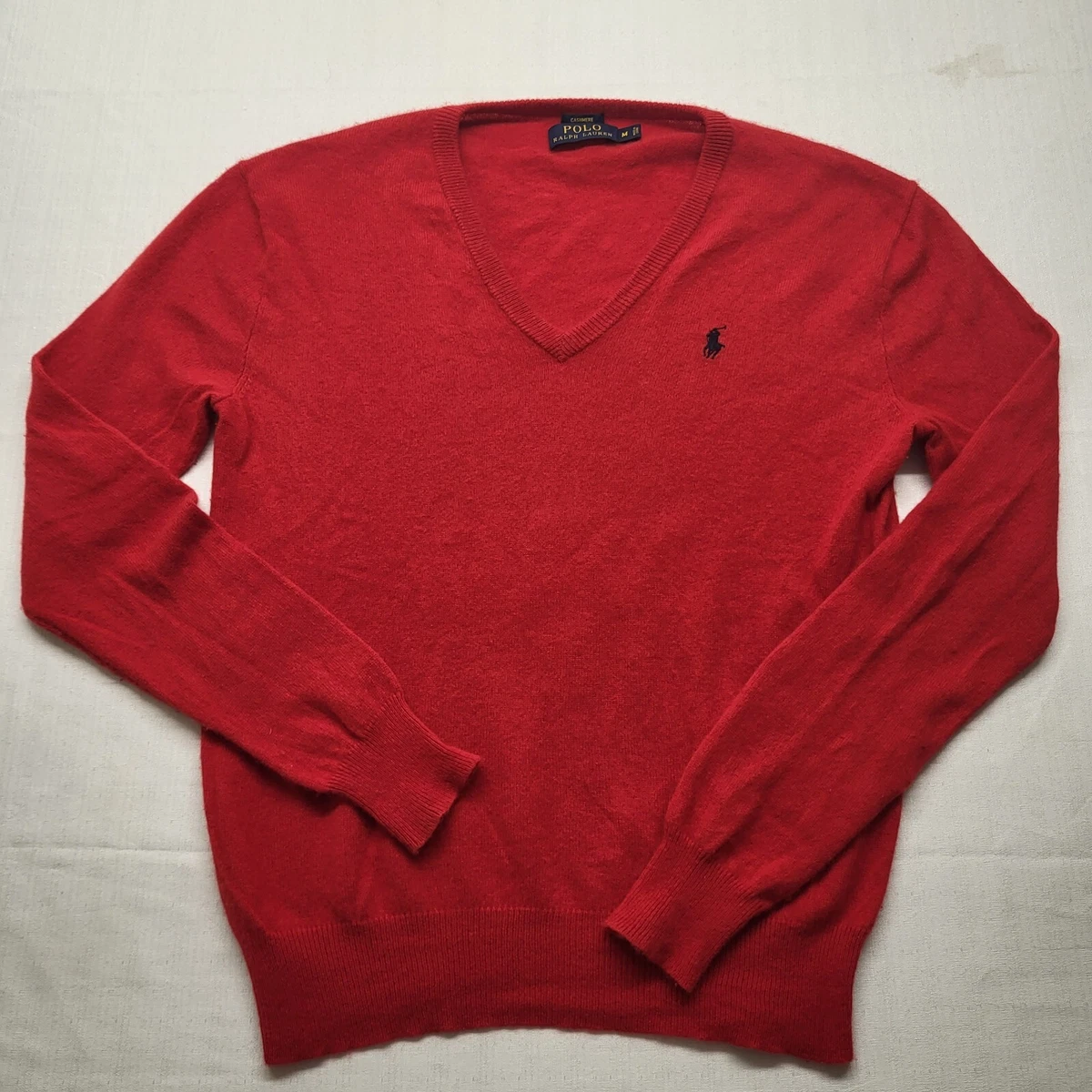 Polo Ralph Lauren Cashmere Sweater Mens Medium Red V Neck Long