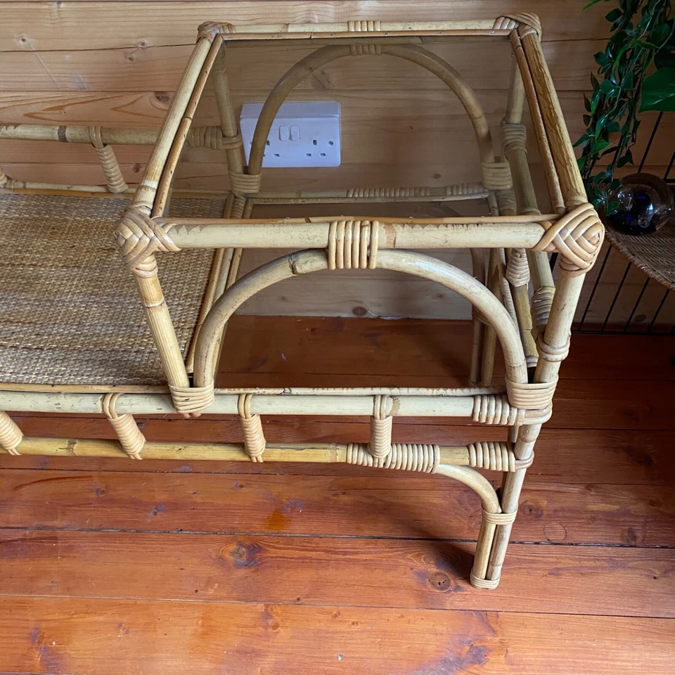 Vintage mid century bamboo wicker rattan telephone seat Table glass shelves boho - Image 4 of 4