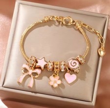 Gold Pink Charm Bracelet Bow Heart Flower Cute Adjustable Girls Women Gift