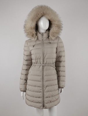 Women's Size IT42 Loro Piana Beige  Leather Trim Belted Hooded Fox Fur Down Coat