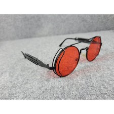 Steampunk Round Sunglasses Red Tinted Lens Black Metal Frame Spring Temple C051