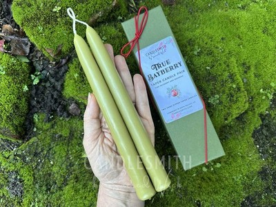Real BAYBERRY 8'' Taper Candle Pair   Hand-Dipped Bayberry & Beeswax Blend for Ch