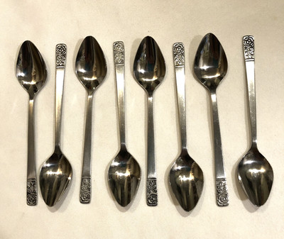 ST REGIS Stainless Flatware Set of 8 Teaspoons 6 1/4'' Rose & Leaves Hong Kong JH