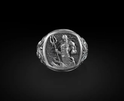 Poseidon with Trident Square Signet Silver Ring, Ancient Greek God of The Sea
