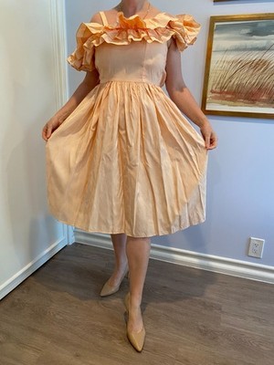 Vintage 80s Dress, gorgeous pattern, tea party or formal, peach dream- Easter!