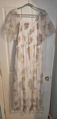 Baltic Born Ivory Pink Floral Maxi Dress 3XL Tulle Flutter Sleeve Layered