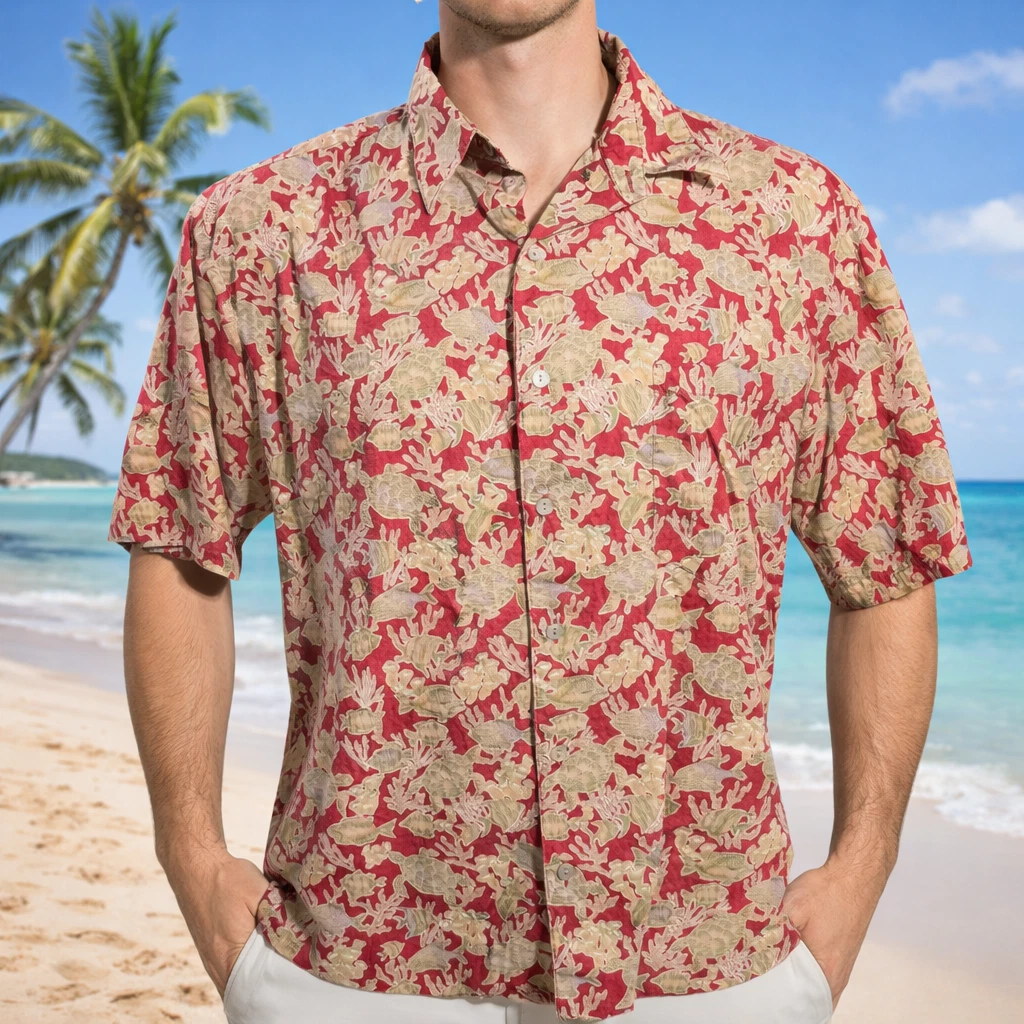 Tori Richard Hawaiian Aloha Shirt Large Sea Turtles Fish Coral Abstract Red