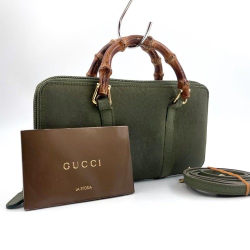 Gucci Bamboo Suede 2Way Wallet Mini Hand Bag Green Authentic VIN