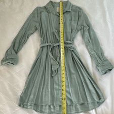 So Women's M Green Collared Button Belted Shirt Knee Length Long Sleeve Dress