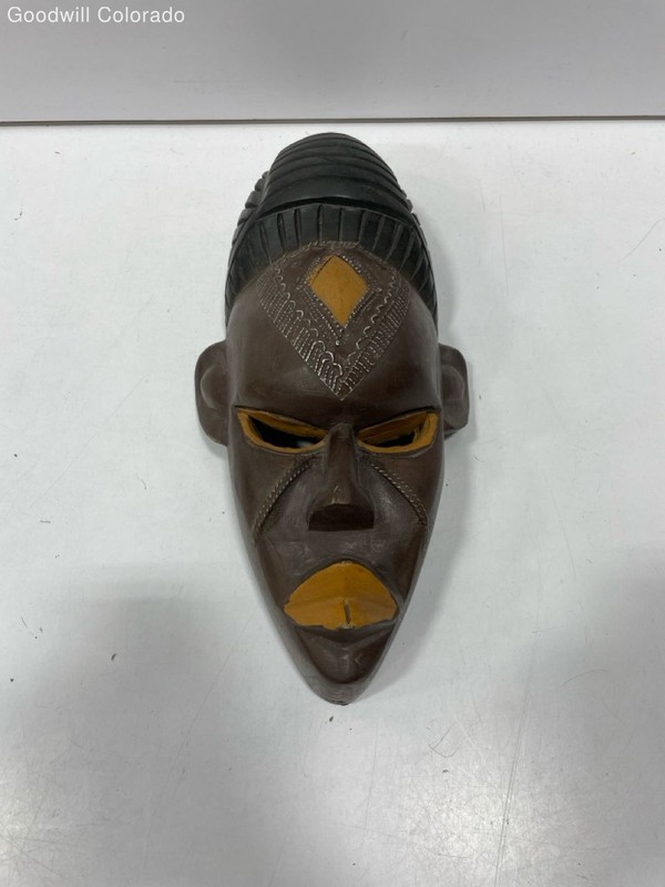 African Brown Black Yellow Carved Tribal Face Wall Mask Geometric Art Decor