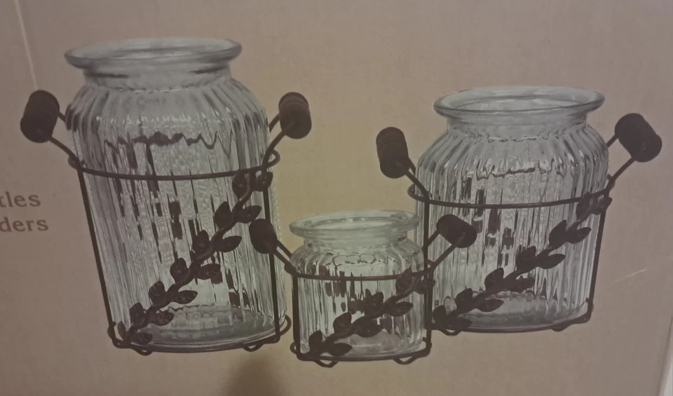 3 frascos en soporte anillado de metal con mango decoración de granja asas de madera Foto 3 de 4