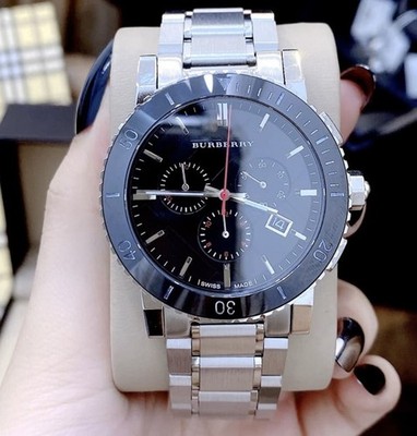 BURBERRY HERREN UHR BU9380 EDELSTAHL SILBER ARMBAND & SCHWARZES ZIFFERBLATT ORIGINAL