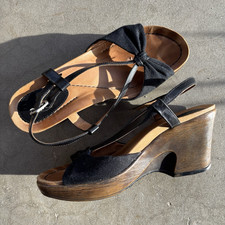 Dansko Black Bow Ankle Strap Slingback Wedge ...