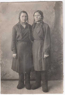 Valenki Shoes Two young girls teens Long hair Braids Studio Russia antique photo