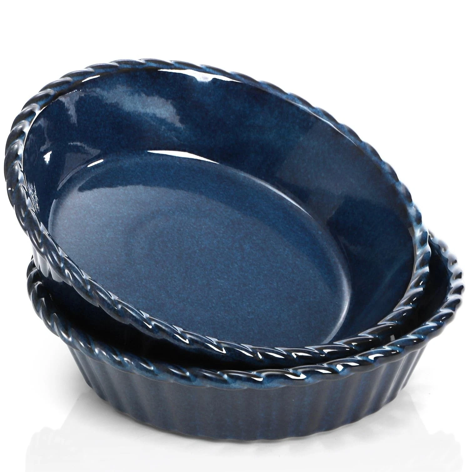 Peohud 2 Pack Ceramic Pie Pans, 10 Inch Deep Fluted Plate, 54 Large, Blue
