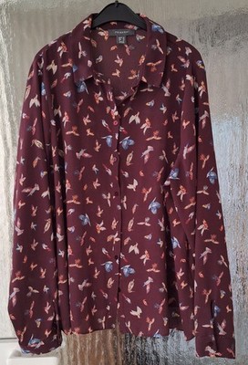 Bluse, Primark, Langarm, weinrot mit Vögel, Gr. 48