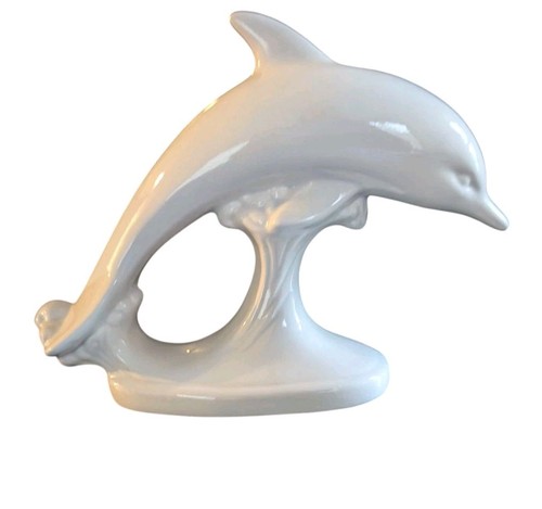 Vintage White Dolphin On A Wave Ceramic Figurine Statue Art Deco MCM 5.5" by 8" - Picture 8 of 10
