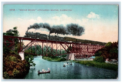 #ad #ad c1910 Double Header Steam Locomotive Approaching Seattle Washington WA Postcard $29.95