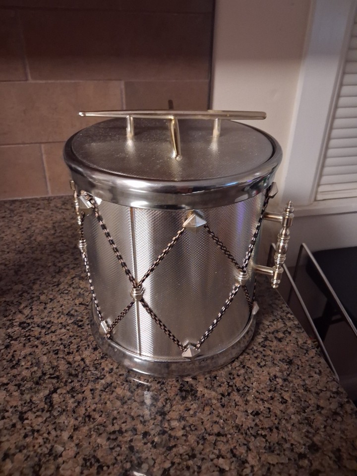 Vtg Drum Ice Bucket Metallic Silver Gold Accents Drumsticks Handles Tongs Bar
