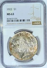 1922 NGC MS 63 Nicely Toned Peace Dollar Scarce With Toning