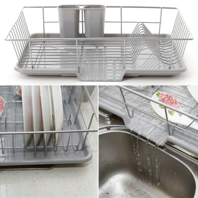 Chrome Dish Drainer Kitchen Sink Plate Drying Basket Cutlery Holder w/ Drip  Tray UK
