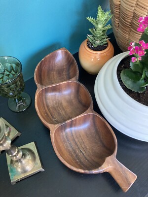Monkey pod Wooden Dish pea pod Shaped Three Section serving dish