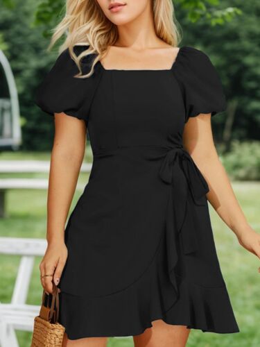 Womens Summer Dresses Square Neck Puff Sleeve Tie Waist Casual Mini Short Dress - Picture 4 of 12