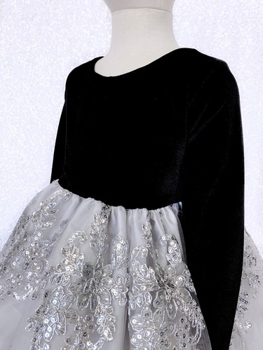 Black Velvet Long Sleeve Embroidery Mesh Flower Girl Dress Wedding Christmas 2 4 - Picture 6 of 42