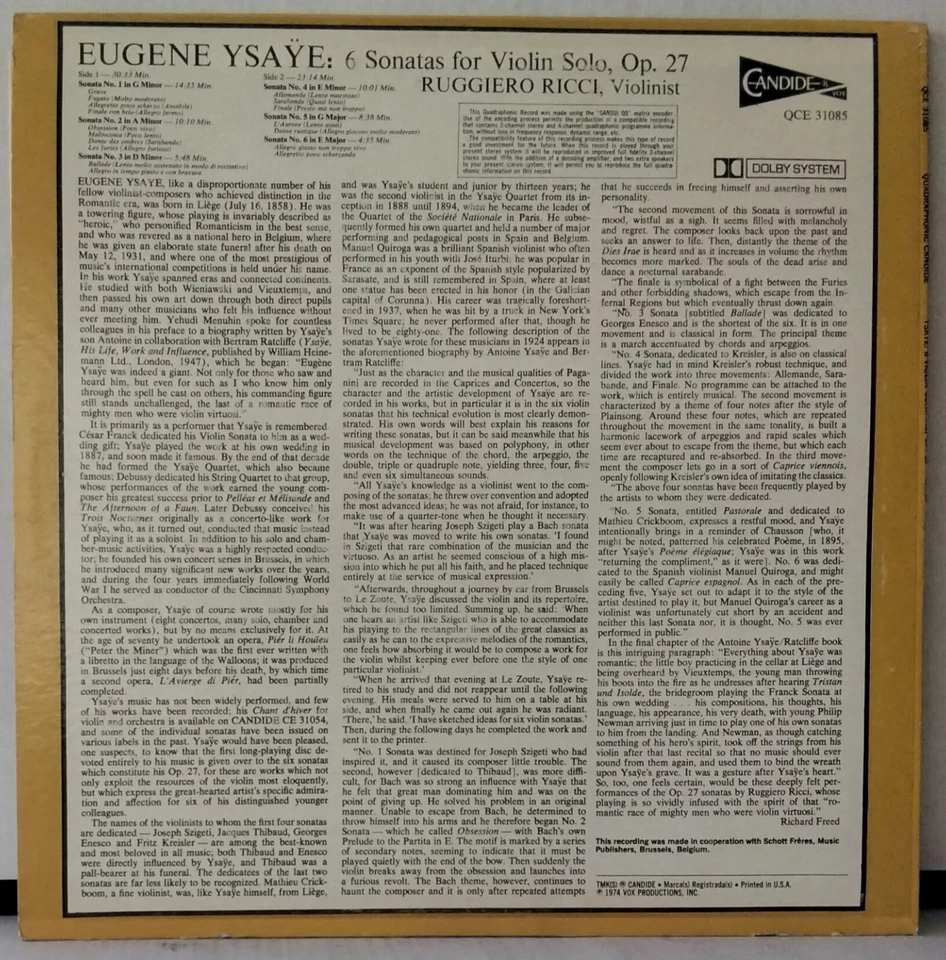 CANDIDE QCE 31085 YSAYE, RICCI - 6 SONATAS FOR VIOLIN SOLO US QUADRA 1974 LP - Image 2 of 3