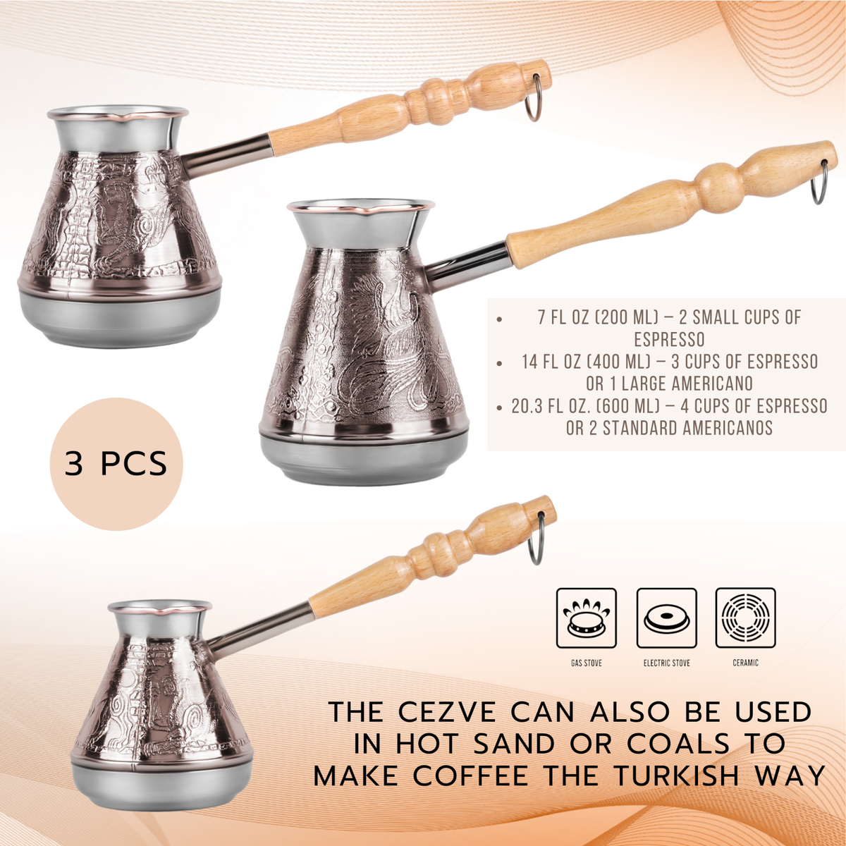 SET OF 3 Copper Cezve Turkish Armenian Coffee Pot Turka Ibrik