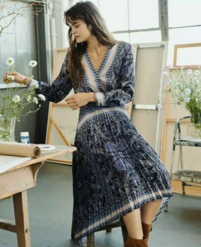 Anthropologie Halter V-neck Fit & Flare Midi Dress - Blue M | eBay UK