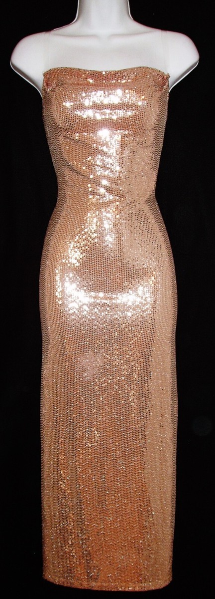 bebe champagne dress BEBE SEQUINED CHAMPAGNE EVENING DRESS w/CLEAR ADJUSTABLE STRAPS STRETCHY S  NWT