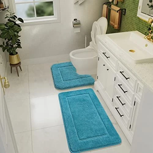 LOCHAS Bathroom Rug Set Turquoise, Soft Bath Rug Set 2 Piece Set, Toilet Mat