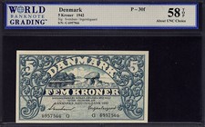 Denmark, 5 Kroner, 1942, Pick 30f, S/N G 6957566, Grade 58Top, Choice AUnc
