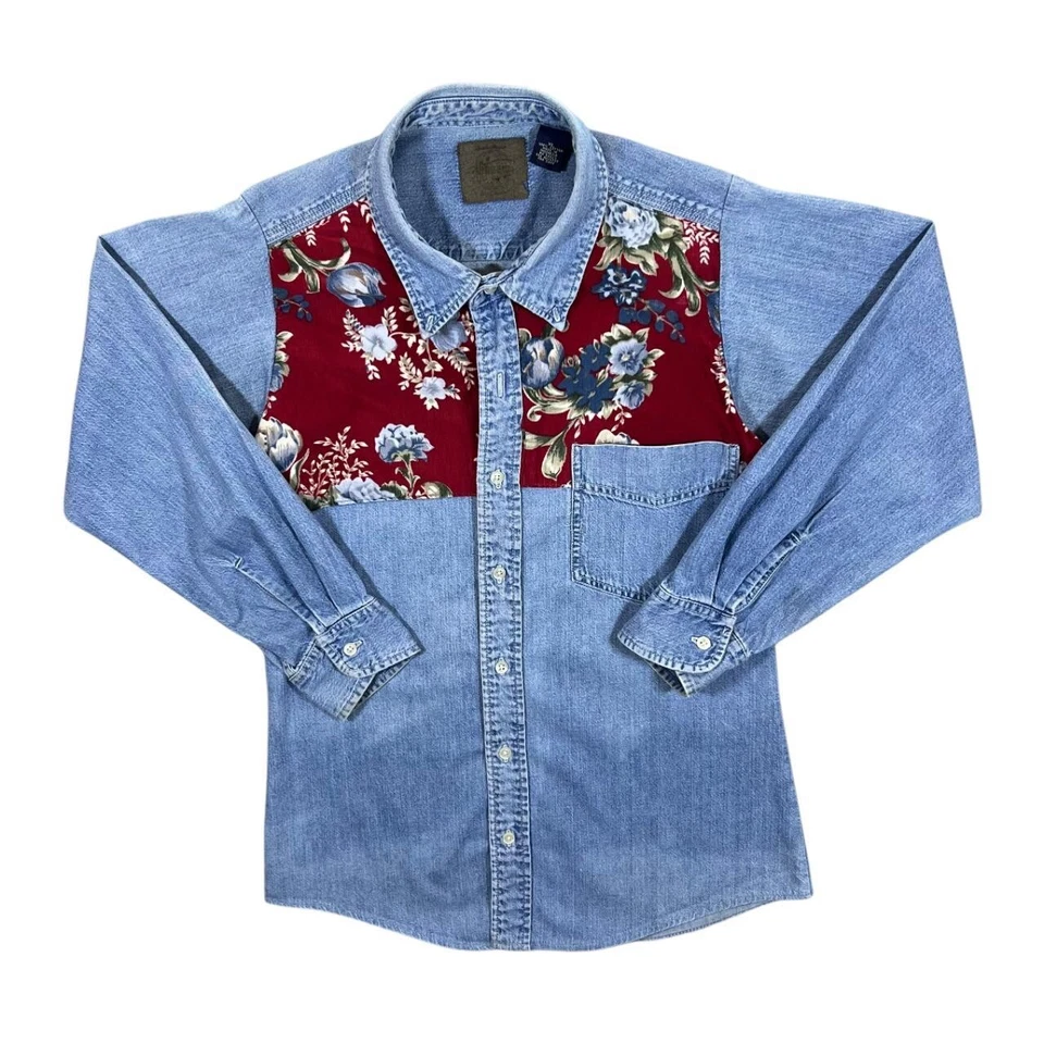 Gap Blue Jeans Floral Corduroy Panel Blue Denim Western Style Shirt Women's S M - Изображение 2 из 4
