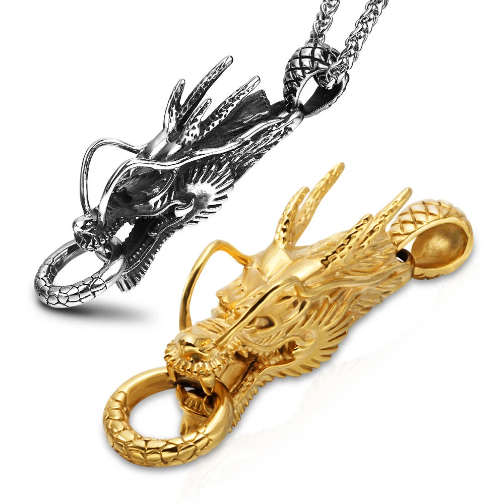 18K Gold Plated Men s Chinese Dragon Head Pendant Necklace 316L Stainless Steel