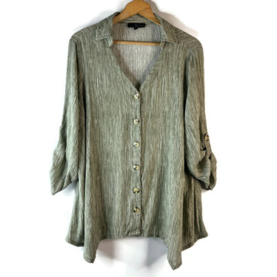 Fred David Womens Tunic Top Size 1X Green Striped Collared Arch Hem Roll Sleeve