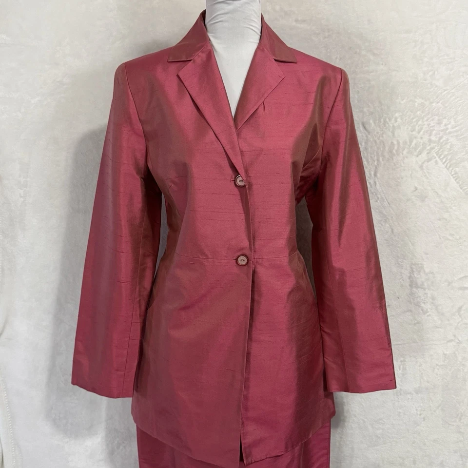 Rena Rowan Rosa Shantung Seda Blazer Falda Conjunto Traje Talla 12 Longline Trabajo Formal Foto 3 de 4