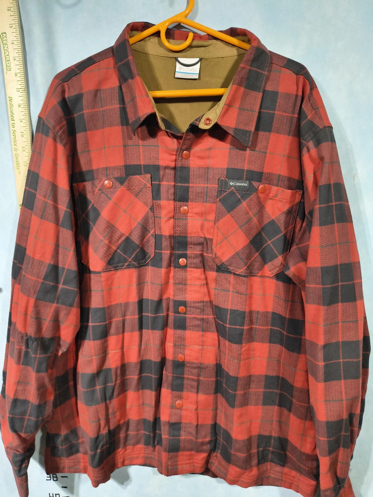 Columbia Jacket Mens XL Red Plaid Windbreaker Lined Insulated Pockets Snap Front