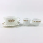 Pyrex Corning Gold Golden Butterfly Sauce Gravy Boat Under Plate Creamer Sugar
